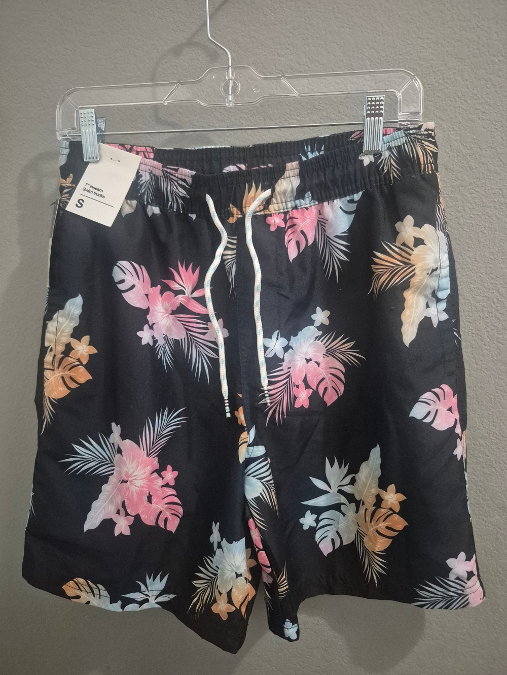 Original Use Black Swim Trunks with Pink and Peach Floral Print